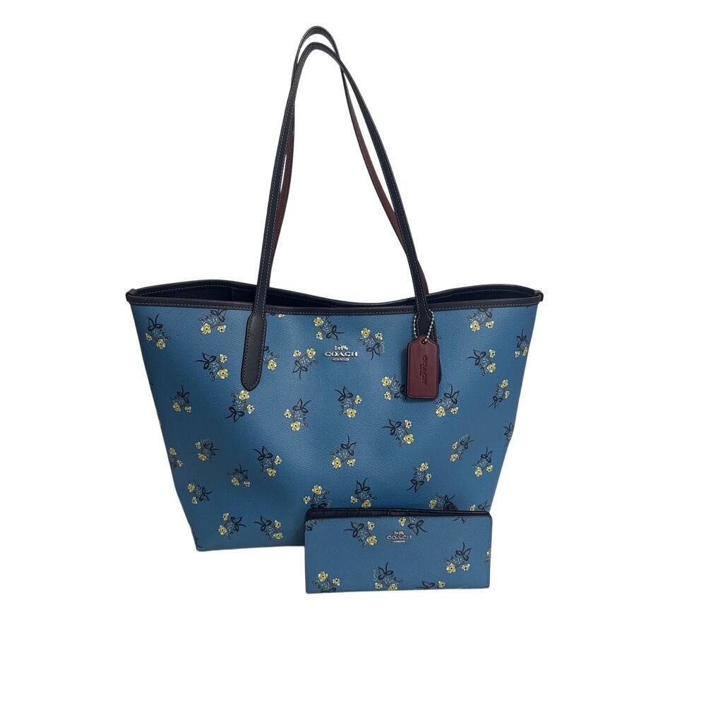 Coach City Tote Blue Multi Floral Bow Print w/ Matching Slim Wallet Set - Picture 2 of 12